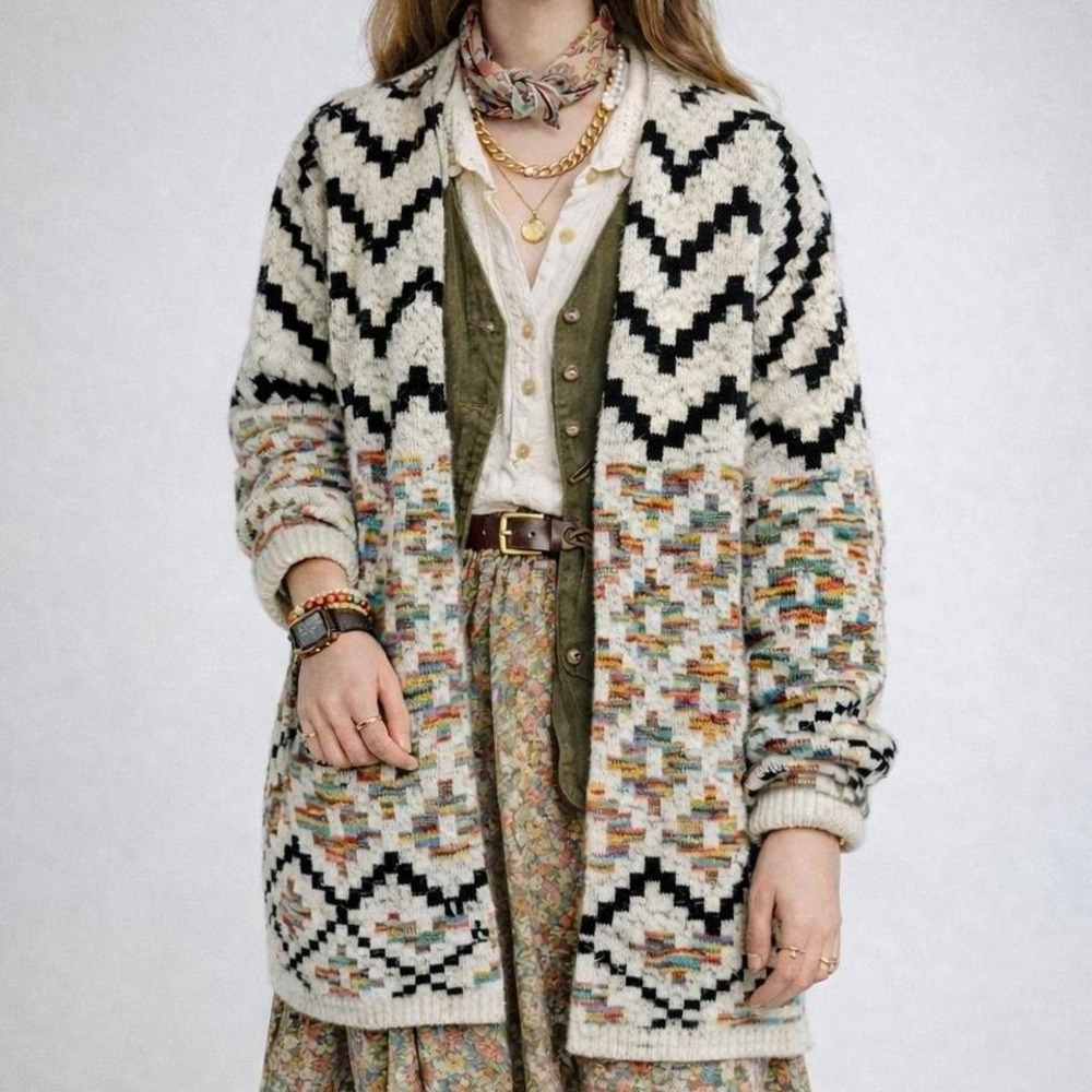 Eclectic Geometric Knit Cardigan M Artsy Boho Grandmacore Long Sweater